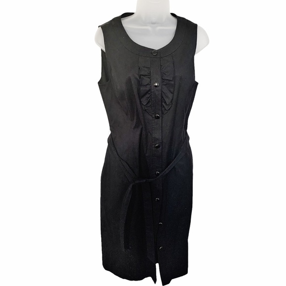 Talbots Black Ruffle Bib Button Front Sleeveless Dress With Belt  Size 12 - Picture 9 of 13